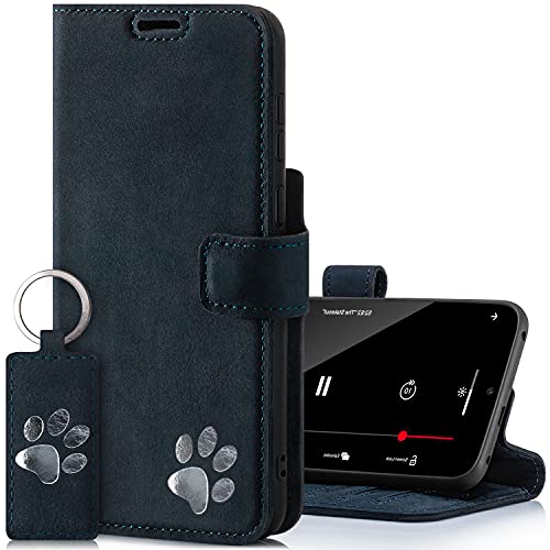SURAZO Prestige Handyhülle für Apple iPhone 13 Mini – Echtleder Hülle mit Pfote Motiv – Wildleder Klapphülle mit Standfunktion, Kartenfach, Schlüsselring - Handmade RFID Schutzhülle (Marineblau)