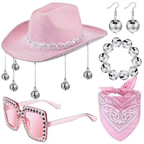 PLCPDM 5 Stück Punk Mittelalterlicher Cowboyhut mit Kugelohrring und Kopftuch, Damen-Sonnenbrille, Armreif für Festival, Party, Aufführungen, Sonnenbrille für Damen, Sonnenbrille, Großpackung