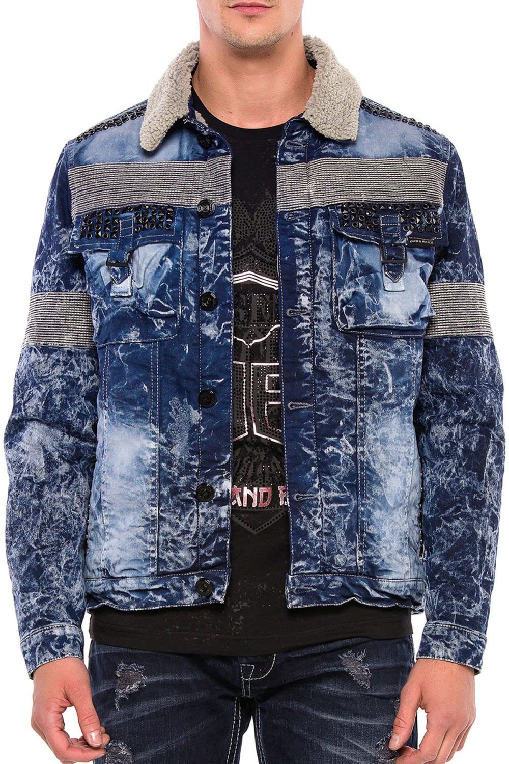 Cipo & Baxx Herren Jeansjacke Denim Biker Jacket Rider Waschung Jacke Freizeit Fellkragen Design Blau S