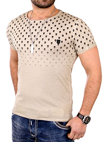 Reslad T-Shirt Herren Vintage Totenkopf Print Rundhals Shirt RS-20022 Beige L