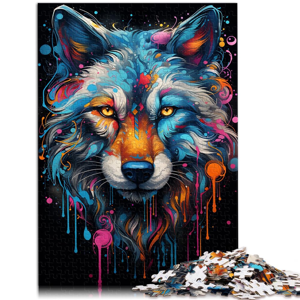 Spielzeug-Puzzle, Gemälde eines bunten Wolfs, Puzzle 1000 Teile, Holzpuzzle, Familienspiel, Stressabbau, schwieriges Herausforderungspuzzle 1000 Teile (50 x 75 cm)