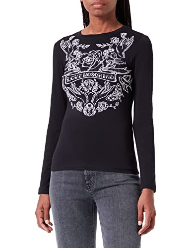 Love Moschino Damen Tight-fitting Long Sleeves With Rose And Hands Print With Transparent Rhinestones T Shirt, Schwarz, 40 EU