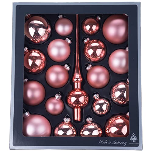 Weihnachtskugeln & Christbaumspitze Set 19-TLG | Sortiment Christbaumschmuck Kugeln & Spitze aus Glas | Made in Germany (Shiny Rose | Rosegold rosa)