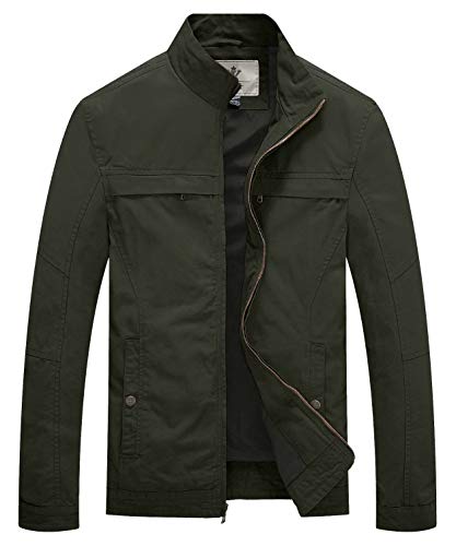 WenVen Herren Militär Jacke Stehkragen Übergangsjacke Klassisch Fracht Jacke Reißverschluss Windbreaker Mantel Cargo Stiel Oberbekleidung Grün M