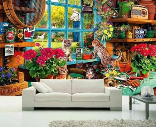 Garten Niedliche Katze Rote Blume 3D Tapete Poster Restaurant Schlafzimmer Wohnzimmer Sofa TV Dekorative Wand-430cm×300cm