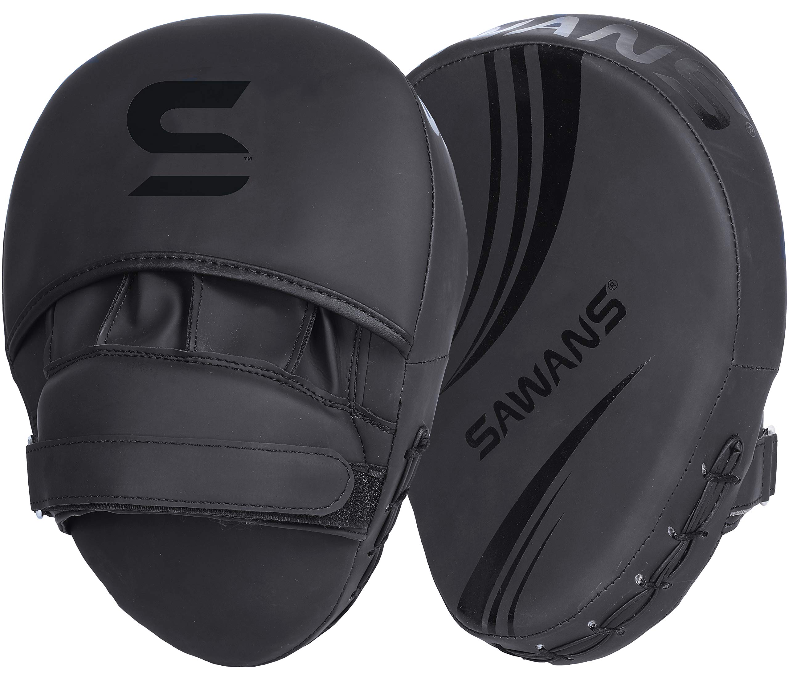 SAWANS® Box Fokus Pads Haken und Stoßhandschuhe, Leder, Kickboxen, MMA, gebogener Arm, Schlagschild, Schlagen, Zielpolster, Kampfsport, Muay-Thai-Training (matt-schwarz)