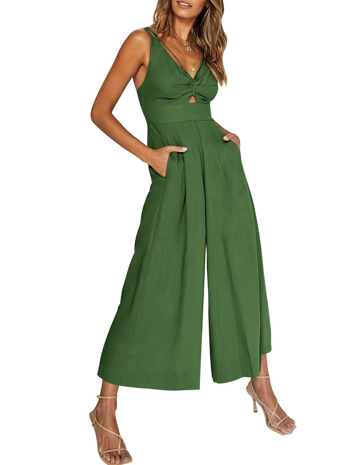 WINDEHAO V Neck Cutout High-Waist Jumpsuits Women's Summer Wide Leg Jumpsuits V Neck Sleeveless Cutout High Waist Rompers (Green,XL)