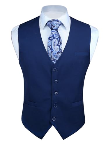 Enlision Anzugweste Herren Marineblau Formelle Weste Hochzeit Einfarbige Anzugwesten Elegant Business Westen Männer mit Taschen S