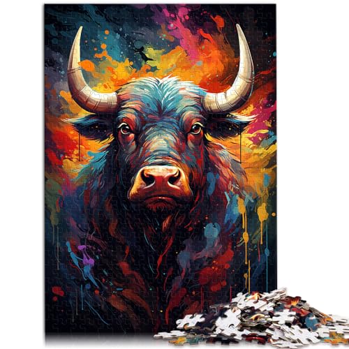 Puzzle, farbenfrohes psychedelisches Büffel-Tuschemalerei-Puzzle, 1000-teiliges Puzzle für Erwachsene, Holzpuzzle, Familienpuzzlespiel, 1000 Teile (50 x 75 cm)