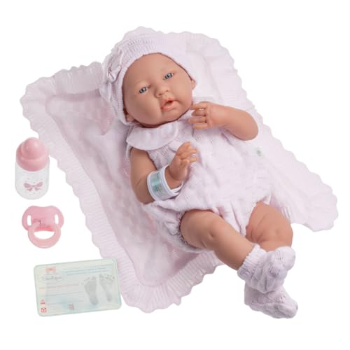 Berenguer Baby-Puppe in rosa Strickstrampler mit Decke, Vinyl, Mädchen