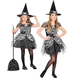 W WIDMANN MILANO Party Fashion - Kinderkostüm Hexe, 2-teilig, Kleid und Hut, Schwarz-Silber, Spinnen-Netz, Märchen, Kostüm, Verkleidung, Mottoparty, Karneval, Halloween