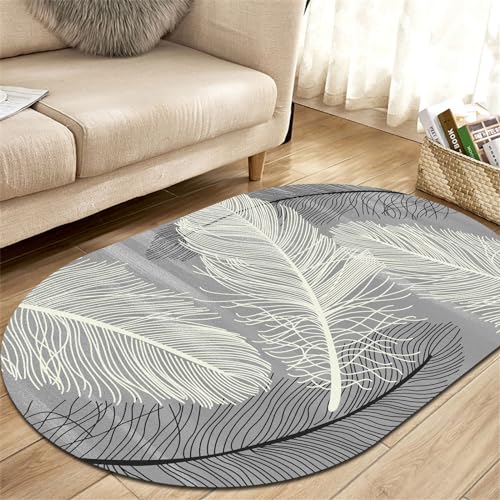 Jwujnxaq Teppich Oval Groß Wohnzimmer Modern Designer Kurzer Plüsch Schlafzimmer Dekorative Teppich Schwarz Grau Weiße Feder Abstrakt, 130 x 150 cm