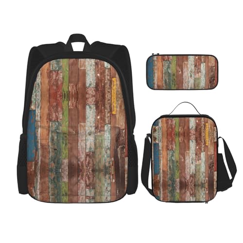 WURTON Planks verwitterter Rucksack im alten Look, für Mädchen und Jungen, Schultaschen, Teenager, Lunchbox und Federmäppchen, 3-in-1-Büchertaschen-Set