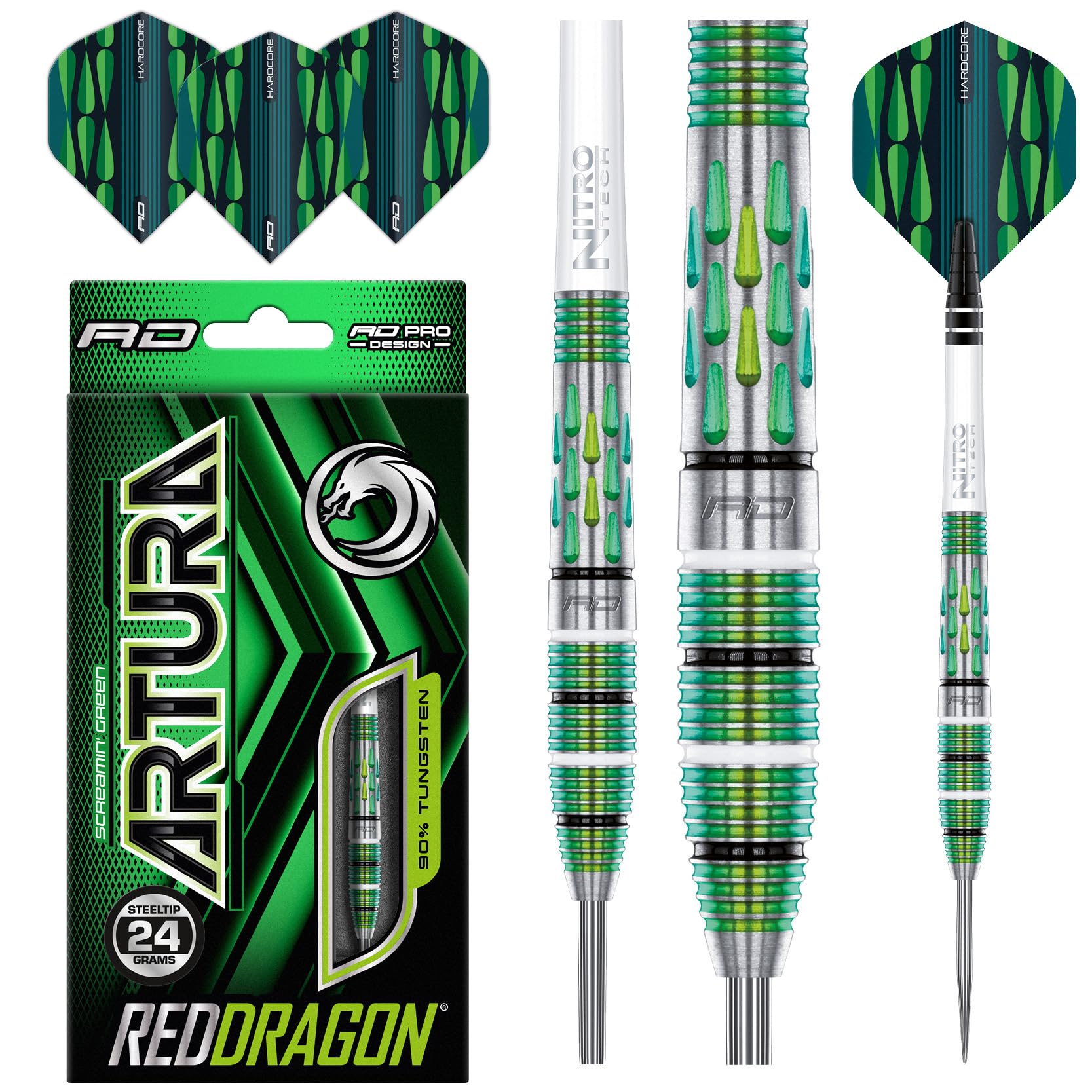 RED DRAGON Artura Screamin' Grün 24 Gramm Premium Tungsten Darts Set mit Flights und Stielen