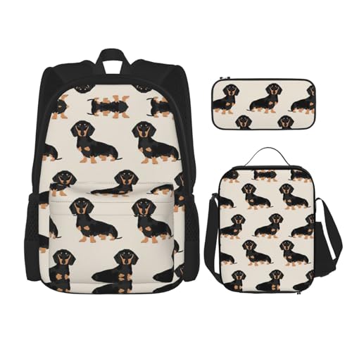 WURTON Trendige Rucksacktaschen mit Dackel-Motiv, Lunchbox und Federmäppchen, 3-in-1, verstellbares Rucksack-Set, Schwarz, Einheitsgröße, Schwarz , Einheitsgröße