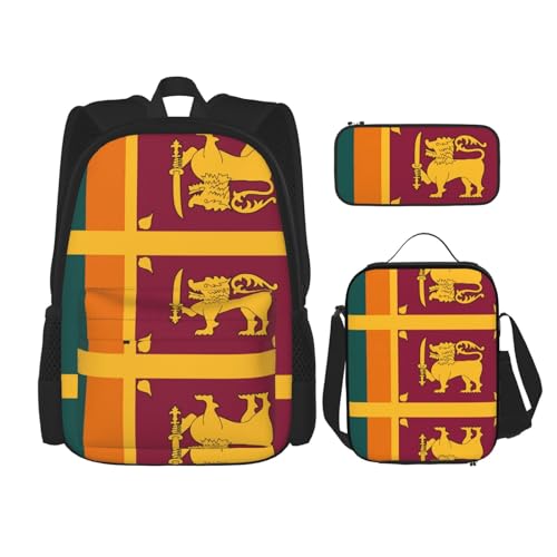 WURTON Schulterrucksack, Sri Lanka, 3-in-1, Büchertaschen-Set, Lunchbox, Federmäppchen, Reisen, Laptop, Tagesrucksäcke, Schwarz, Einheitsgröße