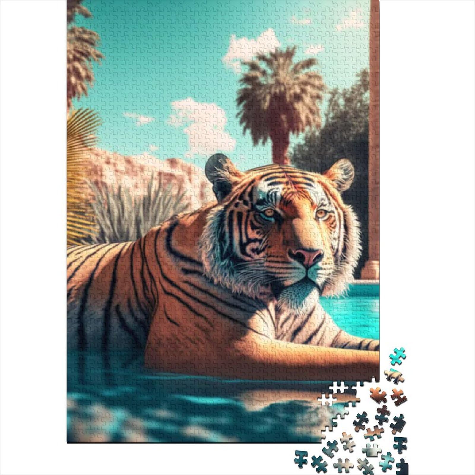 Puzzle für Erwachsene „Tiger im Schwimmbecken“, 500-teiliges Puzzle für Erwachsene und Jugendliche ab 12 Jahren, anspruchsvolles Holzbrett-Puzzle, Größe: 52 x 38 cm