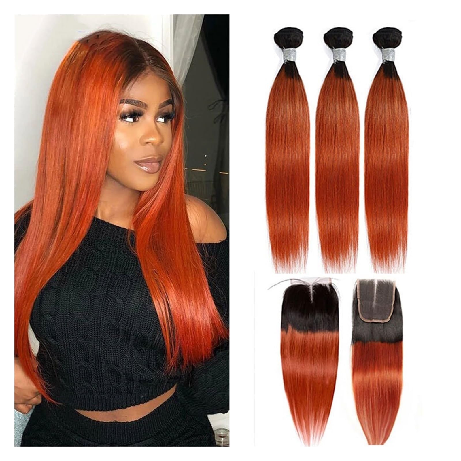 Human Hair Bundles Orange gerade Echthaar-Bündel, 4x4-Spitzenverschluss mit Bündeln, brasilianische Ombre-Haarwebart, burgunderrote Bündel mit Verschluss, Remy-Echthaar for Frauen human hair weave(Col