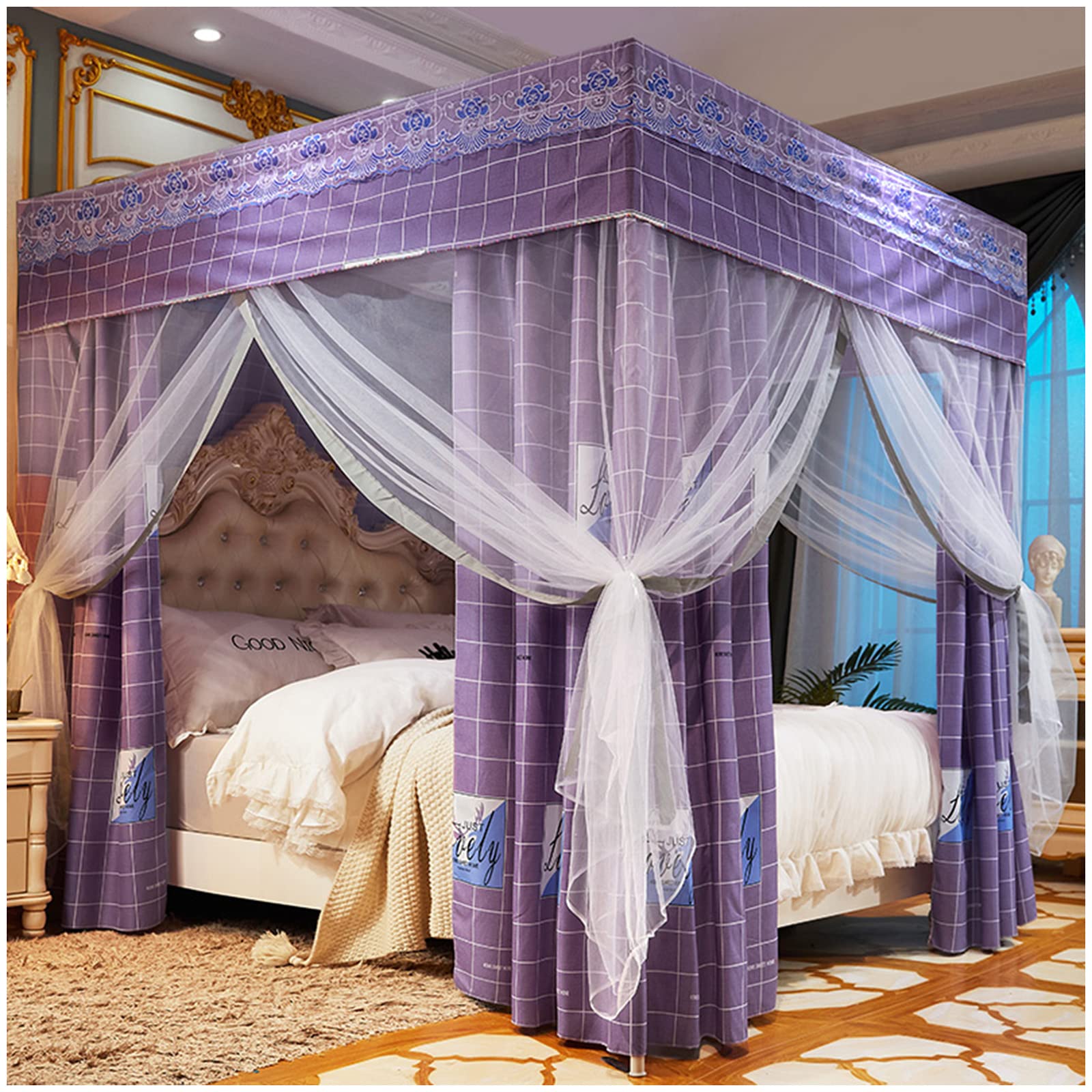 Moskitonetz Bett Rosa, Baldachin Rosa Vier Ecken Moskitonetz Princess 3 Seitenöffnungen Post Bett Vorhang Baldachin Netz Moskitonetz für Kingsize-Betten (purple,200 * 220 * 200)