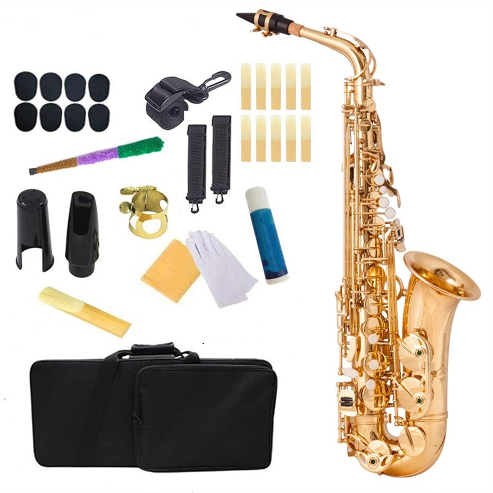 Antikes Finish Eb E- flaches Altsaxophon Saxophon Sax Shell Key Carve Muster Holzblasinstrument Mit Koffer Handschuhe Riemen (Farbe: Golden)