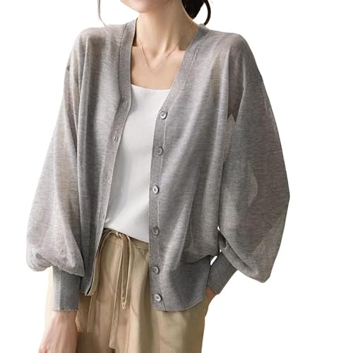 CuLtP Bolero Damen Damen Boleros Transparente Strickjacke Laterne Langarm Strick Boleros Top Sommer Leichte V Ausschnitt Knöpfe Strickjacke Lässige Abendjacken Bluse Mantel Grau M