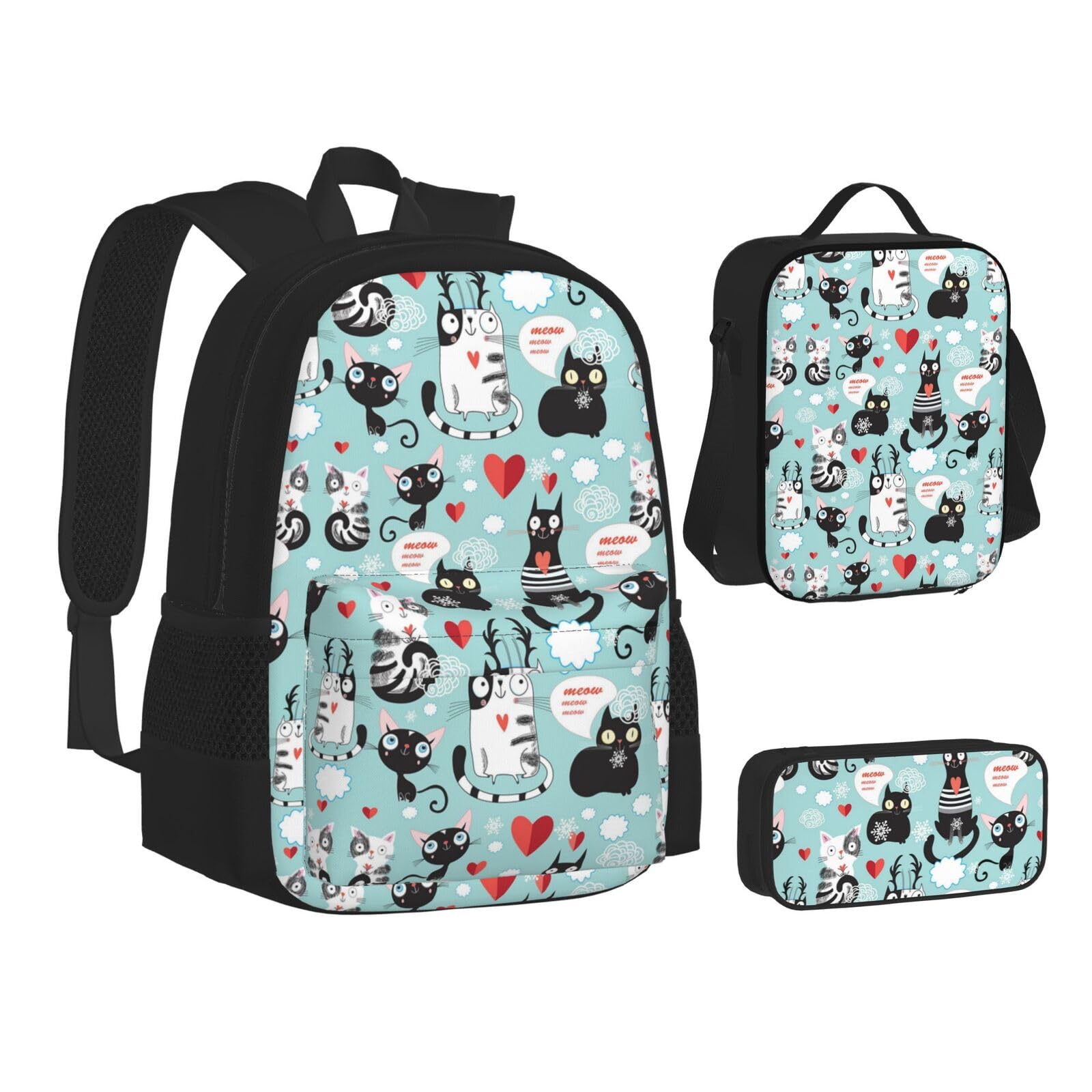 WURTON Rucksack, Lunchbox-Set, 3-in-1, Büchertasche und Federmäppchen, Schwarz und Weiß mit Katzenmotiv, passende Kombination, Schwarz, Einheitsgröße