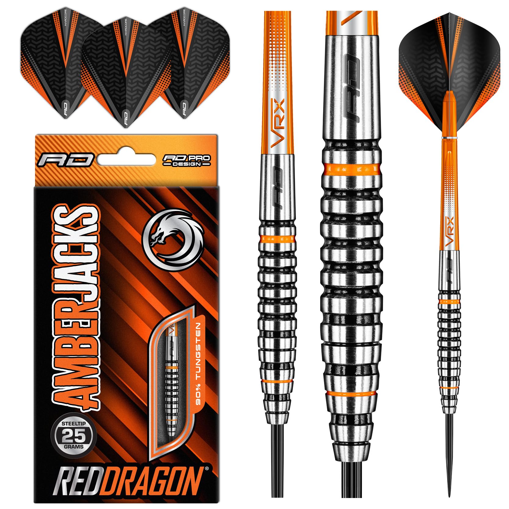 RED DRAGON Amberjack Series Steel Profi Dartpfeile Steeldarts Set mit Flights und Schäfte