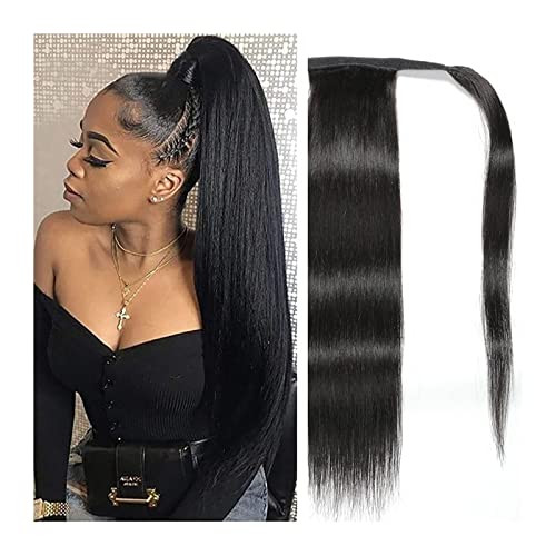 Ponytail Extension/Haarteil 8–24 Zoll langes, glattes Remy-Echthaar, gerade, umwickelbarer Pferdeschwanz, Echthaar-Pferdeschwanz-Extensions, Clip-in-Haar for schwarze Frauen, natürliche Farbe Pferdesc