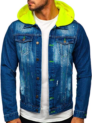 BOLF Herren Jeansjacke Übergangsjacke Trucker Jacket Hoodie Schuljacke Sherpa Jacke Kapuzenjacke Freizeitjacke Denim Vintage Classic 1-2 Dunkelblau L [4D4]