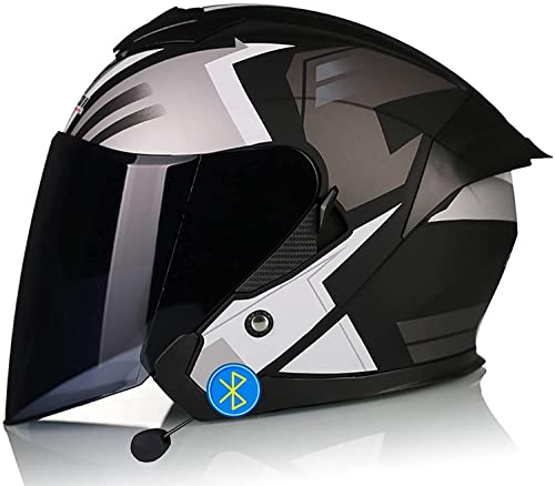 Bluetooth Motorradhelm,DOT/ECE Zertifiziert Retro 3/4 Jethelme Motorradhelm Herren Damen mit HD Doppelvisier,Rollerhelm Jethelm ScooterHelm Biker Chooperhelm (Color : E, Größe : L=59-60cm)