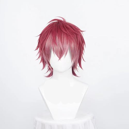 WCCNKK DIABOLIK LOVERS Sakamaki Ayato Cosplay Perücke + Perückenkappe, Kurzes Haar Mit Rot-Rosa Farbverlauf, Geeignet Für Halloween, Party, Karneval, Halloween-Dekorationszubehör, Anime-Geschenk