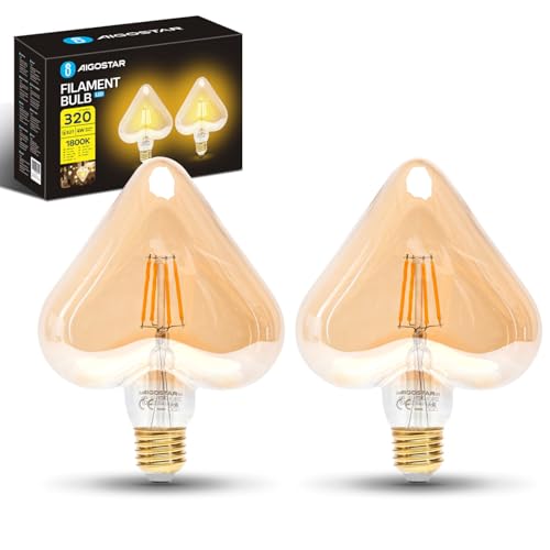 Aigostar LED Glühbirne E27 4W, Warmweißes Licht 1800K, 320 Lumen, Dekorativ Umgedrehtes Herz, Vintage Glühbirne im Edison-Stil Mit Filament, Bernsteinfarben, Nicht Dimmbar, Packung Mit 2 Stück