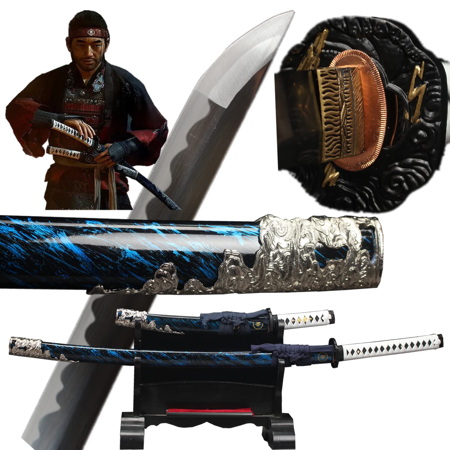 LQSMX sword Ghost of Tsushima Cosplay Replica Schwert,EIN Satz echter Samuraischwirter Handschmiedeter Federstahl (EIN Satz Samuraischwerter)