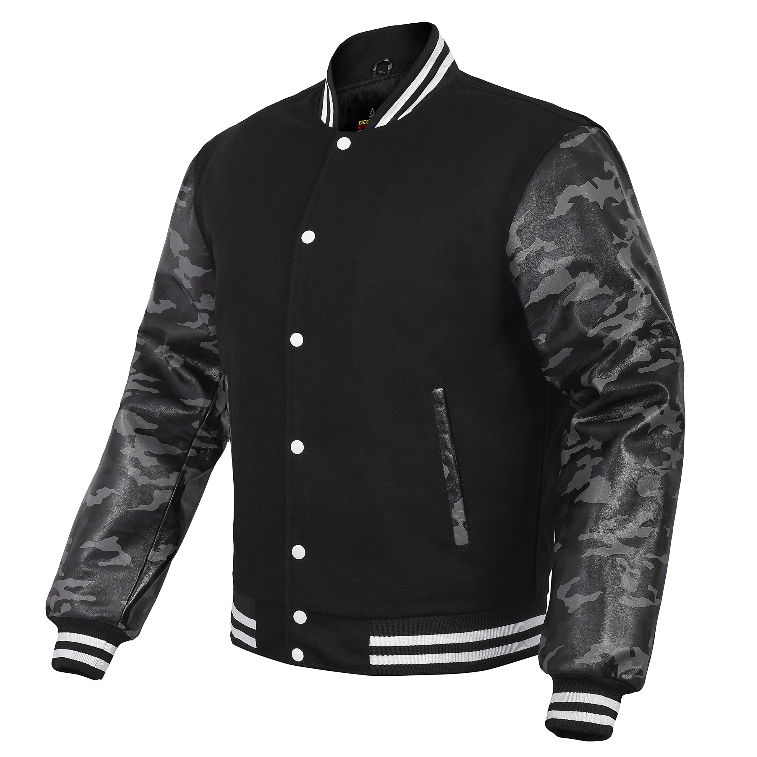 Herren Varsity Jacke Echtleder Ärmel und Wollmischung Letterman Jungen College Varsity Jacken XXS-5XL, Schwarz-Camo, X-Large