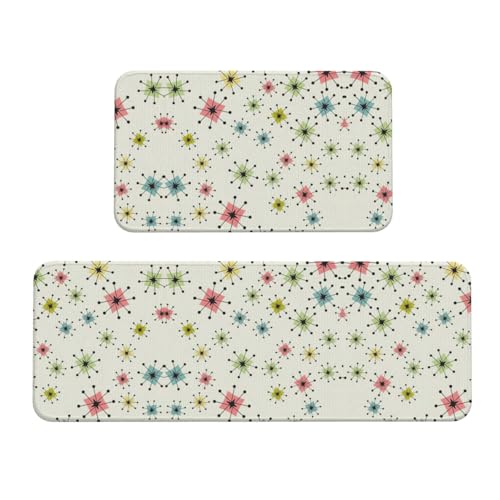 Atomic Stars Retro Muster Druck Küchenmatte 2-teiliges Küchenteppich-Set, rutschfest, wasserdicht, Küchen-Bodenmatte, für Flur, Büro