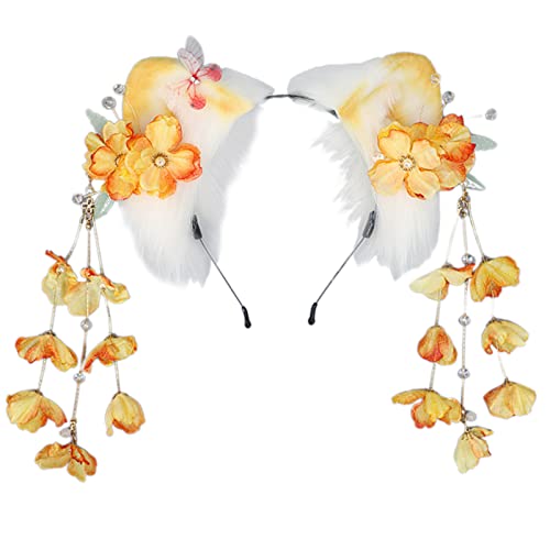 SANRLO Haarspangen, Stirnbänder, Haarschmuck für Damen, pelzige Füchse, Ohren, Katzen, Mädchen, Cosplays, Haarschmuck, niedliches Plüsch-Ohr-Stirnband, Blumen-Dekorationen, Rollenspiele