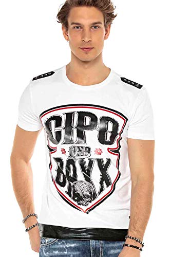 Cipo & Baxx Herren T-Shirt Ausgefallen Logomotiv Rundhals Kurzarm Freizeit Shirt CT539 Weiß M