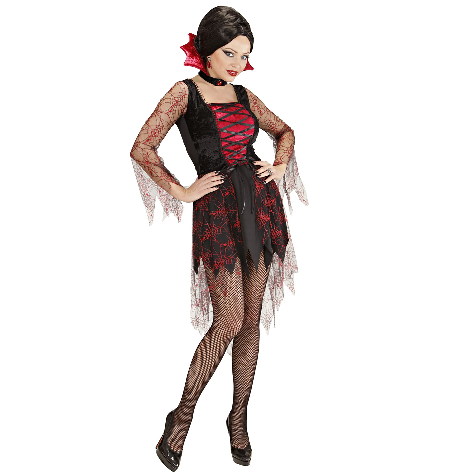 Widmann - Kostüm Spiderweb Vampiria, Kleid und Kragen mit Juwel, Vampir, Spinne, Halloween, Karneval