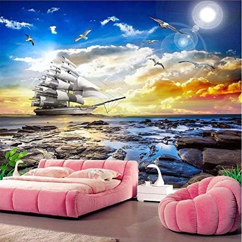 XLMING Seelandschaft Seemöwe Segelboot Sonnenaufgang Landschaft 3D Tapeten Home Esszimmer Sofa Schlafzimmer Wohnzimmer TV Hintergrund-300cm×210cm