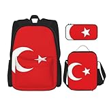 WURTON Trendige Rucksacktaschen und Federmäppchen, 3-in-1-Rucksack-Set, Motiv: Flagge der Türkei, verstellbarer Rucksack, Schwarz , Einheitsgröße