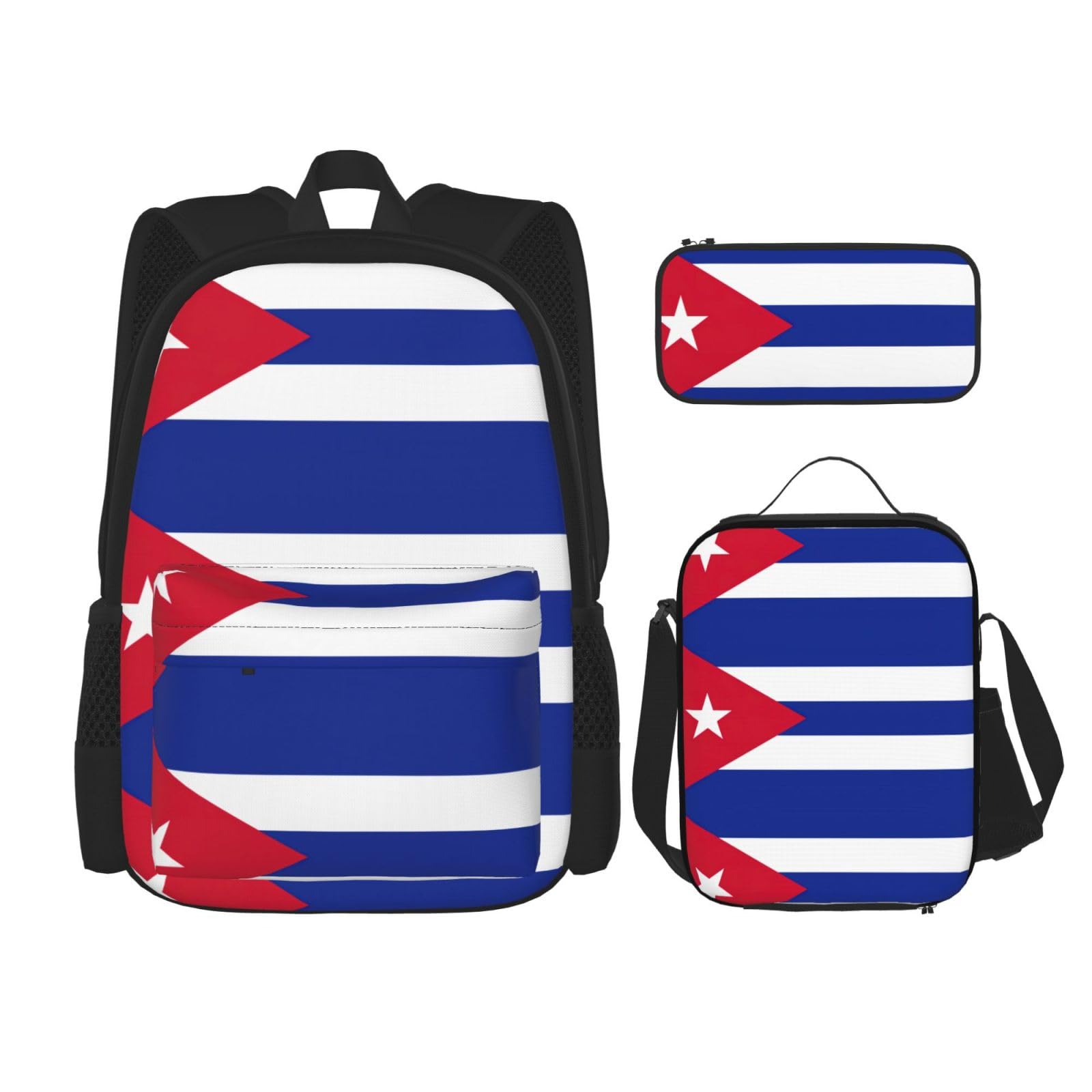 WURTON Kubanische Flagge Druck Reise Lunchbox Federmäppchen Rucksack Set 3 Stück Verstellbare Träger Leicht, Schwarz, Einheitsgröße