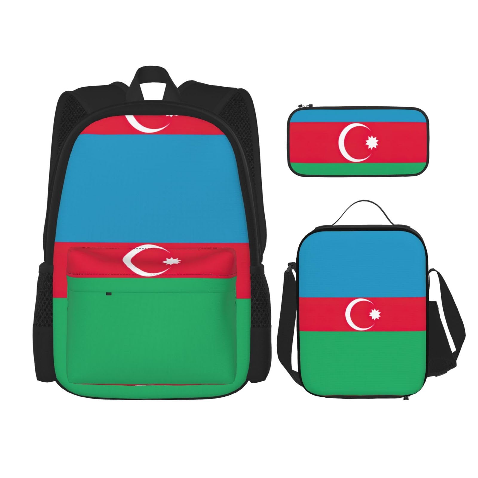 WURTON Rucksack mit Flagge von Aserbaidschan bedruckt, Schultasche mit Lunchtasche, Federmäppchen, Kombinations-Schultaschen-Set