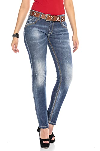 Cipo & Baxx Damen Jeans Hose Pants Denim Design Straight Fit Regular Fit Dicke Nähte WD433 Blau W32 L34