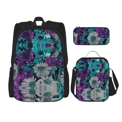 WURTON Schulrucksack-Set mit buntem Blumendruck, 3-in-1-Büchertaschen-Set mit Lunchbox, Federmäppchen, Reise-Laptop, Tagesrucksäcke