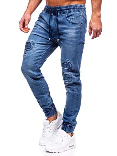 BOLF Herren Jeans Jogger Cargohose Denim Style Sweathose Jogg Used Look Jeanspants Destroyed Freizeit Casual Style Slim Fit Narrow Leg MP0052-2B Dunkelblau S [6F6]