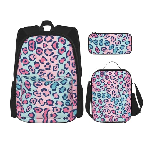 WURTON Schulrucksack-Set mit Lepard-Aufdruck, 3-in-1 Büchertaschenset mit Lunchbox, Federmäppchen, Reise, Laptop, Tagesrucksack, Rosa