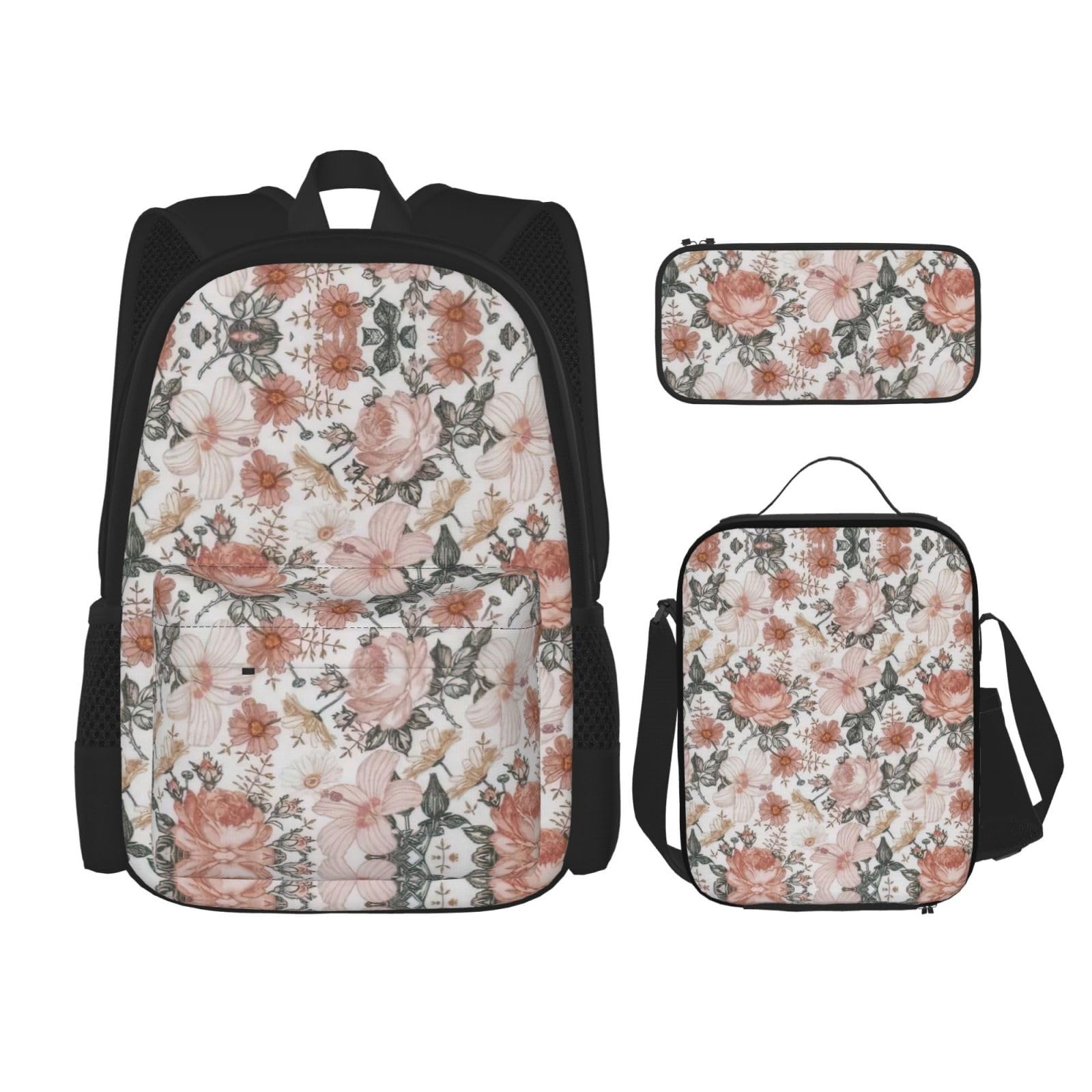 WURTON 3-in-1-Set mit Blumenmotiv und Eiffelturm-Aufdruck, lässig, verstellbar, Schulter-Rucksack, Lunch-Tasche, Federmäppchen, Etui, Schwarz, Einheitsgröße