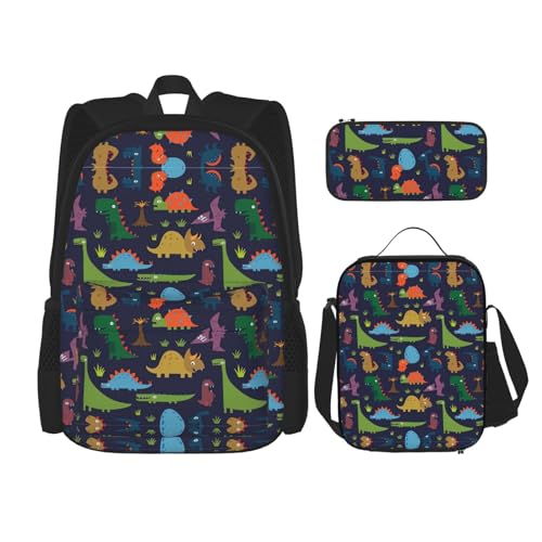 WURTON Dinosaurier-Palmblatt-Druck, 3-in-1-Sets, lässig, verstellbar, Schulter-Rucksack, Lunch-Tasche, Federmäppchen, Beutel, Schwarz, Einheitsgröße