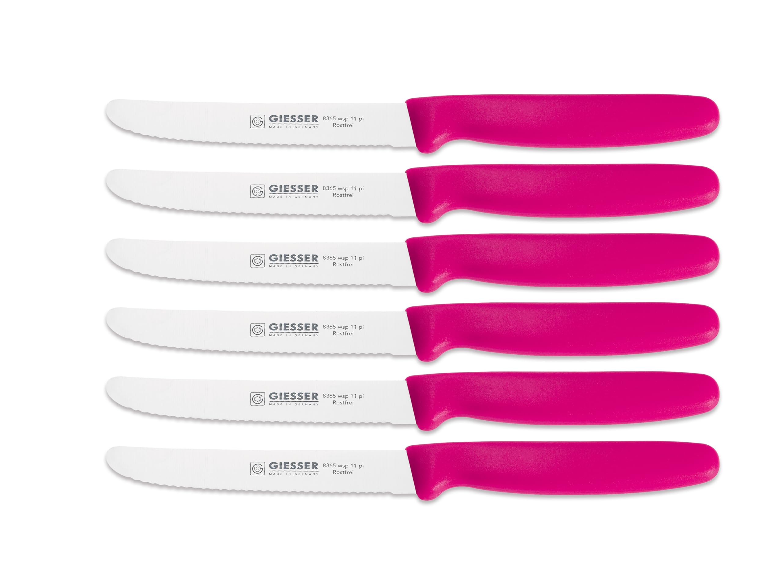 Giesser Messer - Made in Germany - 6er Set Brötchenmesser Tomatenmesser Küchenmesser Allzweckmesser Universalmesser Gemüsemesser 3mm Wellenschliff Klingenlänge 11cm Pink