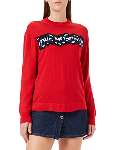 Love Moschino Women's Regular fit Long-Sleeved Roundneck with Striped Logo Pullover Sweater, RED, 44